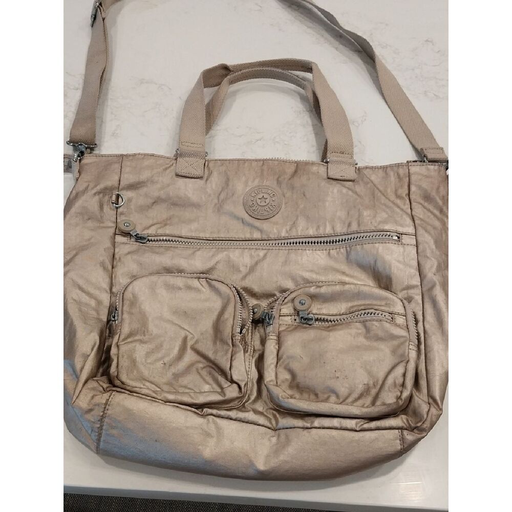 Kipling LARGE Metallic Beige Nylon Tote Bag with Front Pockets